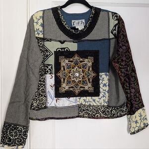 Faith Patchwork Mixed Print Boho Long Sleeve Top XS – Cropped Boxy Rayon Mandala